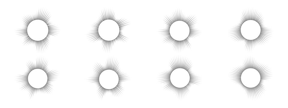 A set of burst ray equalizers . Radial sound, sound waves. Music symbol, circular sound waves, digital communication. Vector radial spectrum.