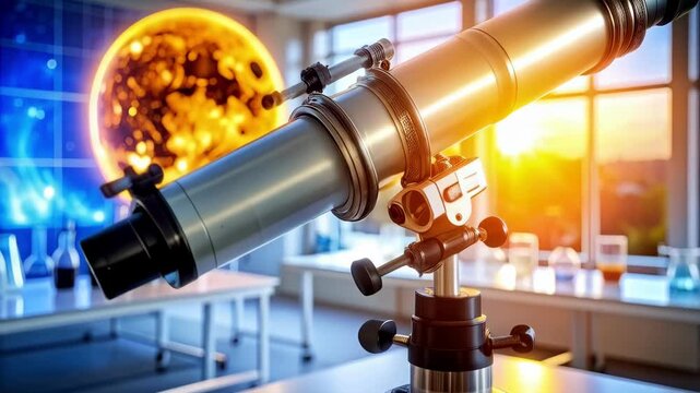 Refractor telescope aimed at cosmos in science lab with flasks, planets, stars, sunlight through window in blurred background and bright sunny illumination