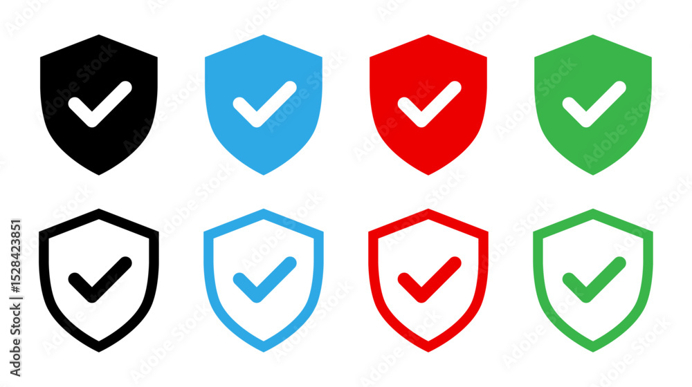 Poster security shield with tick mark icon set vector illustration in stroke and fill style.