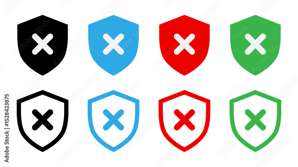 Poster security shield with cross mark icon set vector illustration in stroke and fill style.