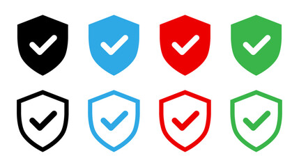 Security shield with tick mark icon set vector illustration in stroke and fill style.