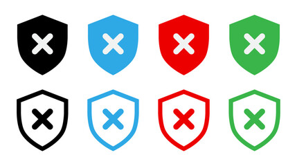 Security shield with cross mark icon set vector illustration in stroke and fill style.