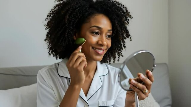 Smiling african american woman using green jade roller gua sha tool while looking in mirror. Female performing facial massage skincare routine. Beauty wellness concept for anti aging