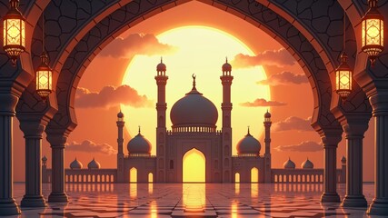 Happy Islamic New Year Greeting. Beautiful patterns. Lanterns and Mosque.
