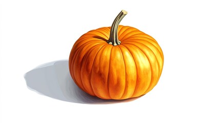 A bright orange pumpkin with a greenish-brown stem casting a shadow on a white background.