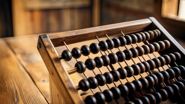 Close up of wooden abacus with brown beads sitting on a wooden desk near a window; a vintage counting tool for education.