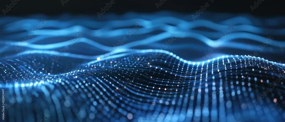 Aufkleber cyber landscape in abstract space, wavy surface of data in dark blue digital cyberspace, pattern of 