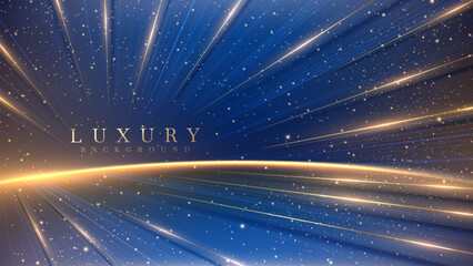 Empty blue stage scene with golden neon lights and bokeh effect, luxury background design concept suitable for award ceremony backdrop design element or product promotion.