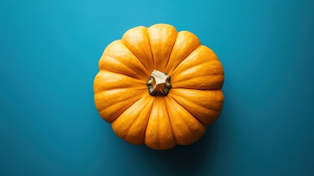 A top-down view of a vibrant orange pumpkin against a smooth teal background, showcasing its ridged texture and natural stem.