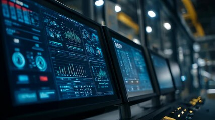 Several computer screens displaying complex data visualizations and control panels suggest advanced technological operations within a sophisticated control room environment - Powered by Adobe