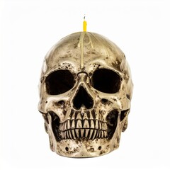 Human Skull with Lit Yellow Candle on White Background