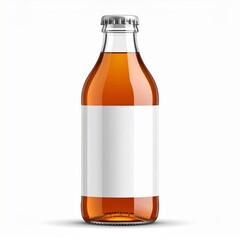 Amber Glass Bottle with Blank Label on White Background