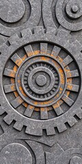 Obraz premium Intricate Stone Mechanism Featuring Circular Gears in Gray and Gold Hues