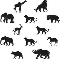Grid of Black Animal Silhouettes on White Background Stylized Wildlife Icons in Bold Graphic Design