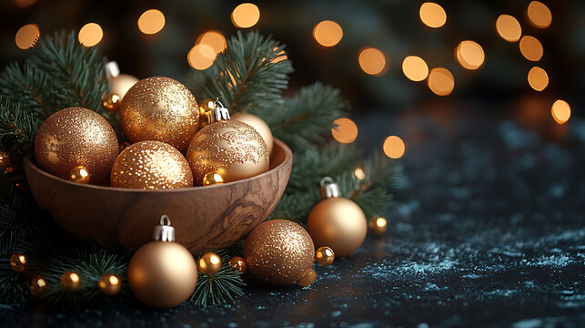 Golden Christmas Ornaments in Wooden Bowl with Festive Lights