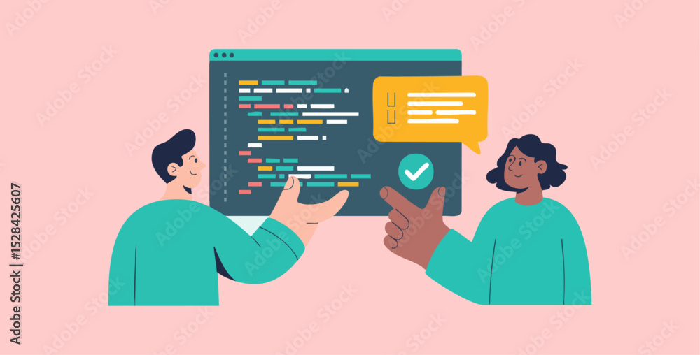 Aufkleber man and woman discussing code on computer screen, vector illustration for code review and peer feedb