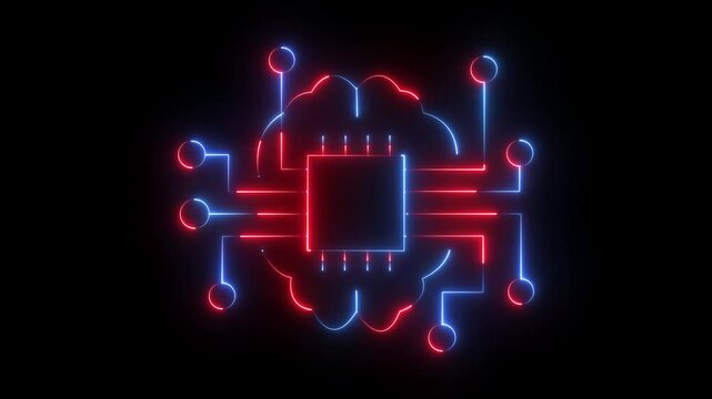 Glowing brain connected to network nodes on black background artificial intelligence. Artificial intelligence concept with glowing neon brain circuit.  - Powered by Adobe