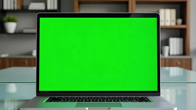Laptop with green screen mockup for video editing and presentation background use