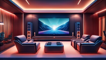 minimalist home theater with comfortable seating a large screen and surround sound system generative ai