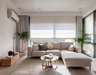 Fototapeta premium clean and modern living room with white roller shades