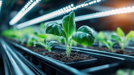 A fresh view of healthy green seedlings thriving under bright LED grow lights, highlighting the innovation in modern agriculture and the promise of nature’s growth and sustainability.