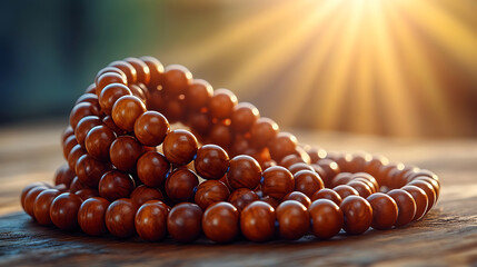 Serene Sunset Wooden Prayer Beads on Rustic Wood