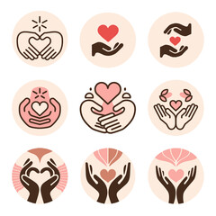 Collection of diverse hand and heart icons in various styles and colors, symbolizing love, care, support, giving, and community, ideal for social media, healthcare, and non-profit designs