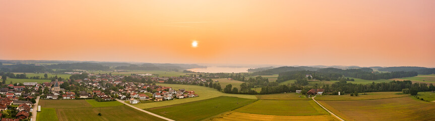 Aerial view: Bavarian village at sunset