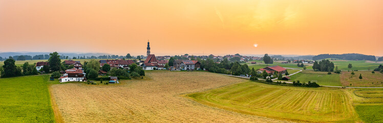 Aerial view: Bavarian village at sunset
