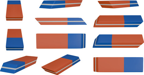 3d blue and red eraser in different views. isolated 3d eraser realisitc illustration