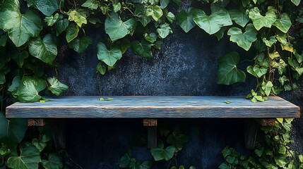 Rustic Wooden Shelf with Lush Green Ivy Background