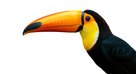Striking toucan portrait, showcasing its colorful beak and vibrant plumage against black.