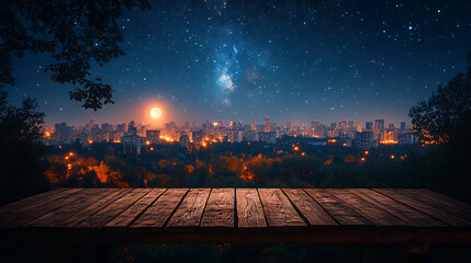 Night Cityscape with Wooden Deck and Starry Sky
