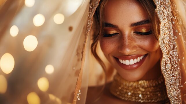 A beautiful bride radiates joy and elegance in her embellished veil and perfect makeup, capturing the essence of love and celebration on her special day.