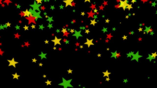 Stars floating down in bold red, yellow, and green colors on black background for Juneteenth, or Freedom Day, to commemorate the ending of slavery on June 19th 1865 in the United States of America.
