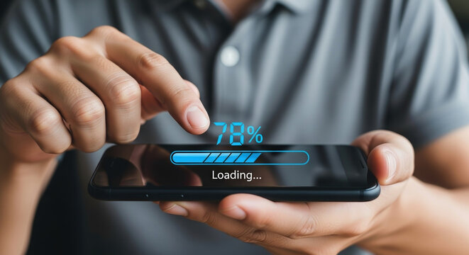 Person Interacting with a Smartphone Displaying a Loading Screen;  Digital Progress;  Modern Technology Interface;  Mobile Device;  User Experience