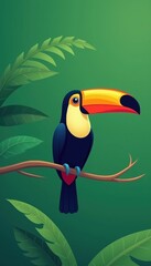 Fototapeta premium Colorful toucan perched on a branch amidst lush green foliage, perfect for tropical-themed designs and nature illustrations.