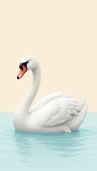 Fototapeta premium A serene white swan gracefully swims in calm water, showcasing its elegance against a soft, pastel background.