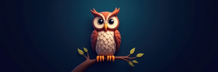Fototapeta premium A whimsical cartoon owl perched on a branch against a dark blue background, showcasing vibrant colors and playful design, ideal for children's themes and nature-inspired graphics.