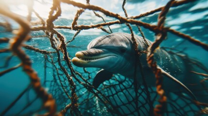 A curious dolphin swimming through tangled fishing nets in vibrant blue water, highlighting the delicate balance between marine life and human impact on the ocean ecosystem.