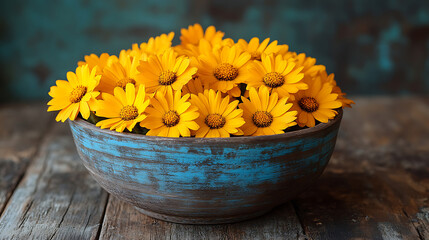 Vibrant Yellow Osteospermum Flowers in Rustic Blue Bowl on Wooden Table