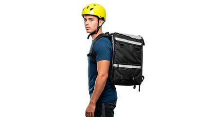 A delivery man with a backpack and helmet ready to deliver an order.