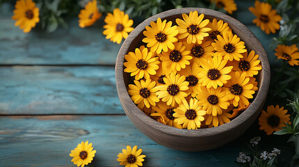Rustic Wooden Bowl Filled with Vibrant Yellow Osteospermum Flowers on a Blue Wooden Background
