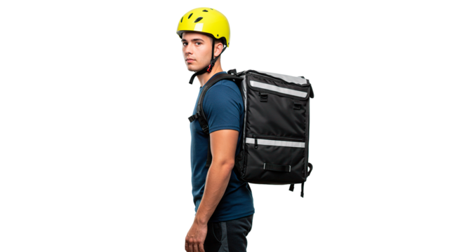 A delivery man with a backpack and helmet ready to deliver an order.