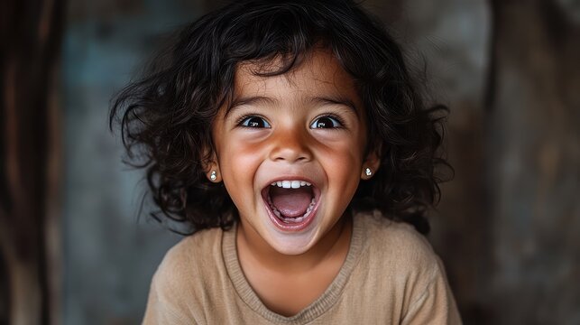 A joyful child with curls and a wide smile captures the essence of happiness, showcasing the beauty of innocence and carefree childhood joy in a natural setting.