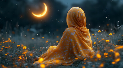 Serene Night Woman in Yellow Wraps Contemplating Under Crescent Moon