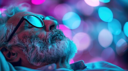 An elderly man with glasses relaxes peacefully, basking in a meditative state with soft bokeh lights surrounding him, creating an atmosphere of serenity and contemplation.