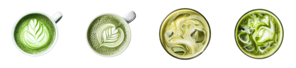 Creating stunning green tea latte designs at a cozy table. Cut out png set