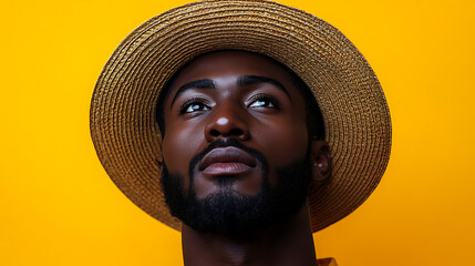 Hopeful Gaze Black Man in Straw Hat Against Vibrant Yellow Background