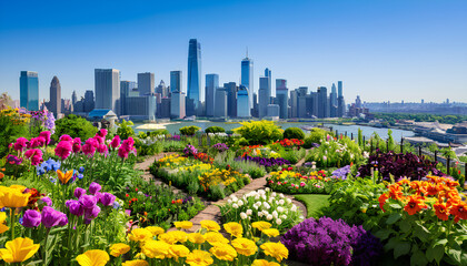 Blooming Metropolis – Lush Flower Garden Framing Modern City Skyline